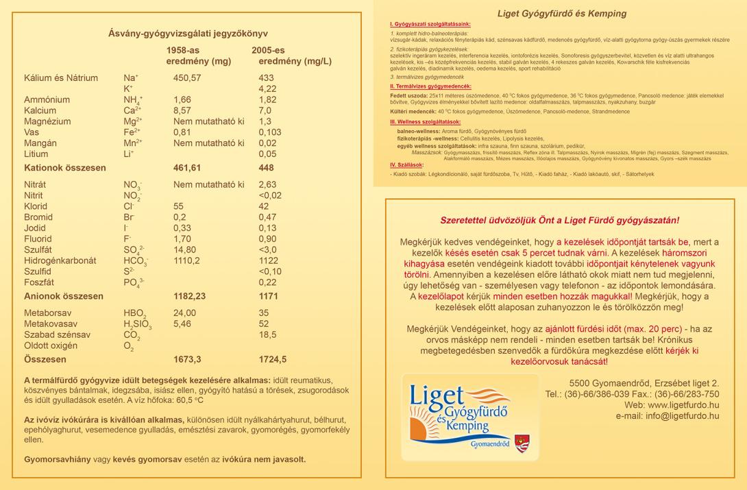 Liget Gyógyfürdő és Kemping - gyógyászati kartonlap