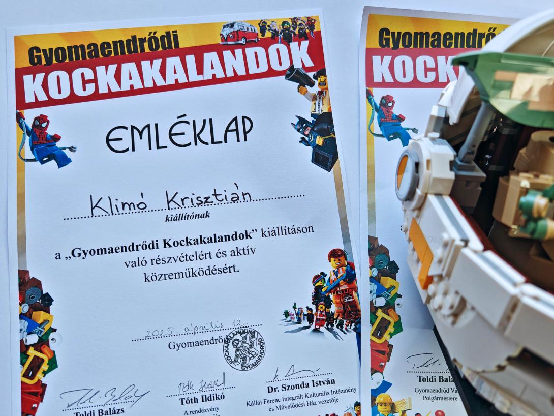 Emléklap Klimó Krisztián kiállítónak a „Gyomaendrődi Kockakalandok” kiállításon való részvételért és aktív közreműködésért.